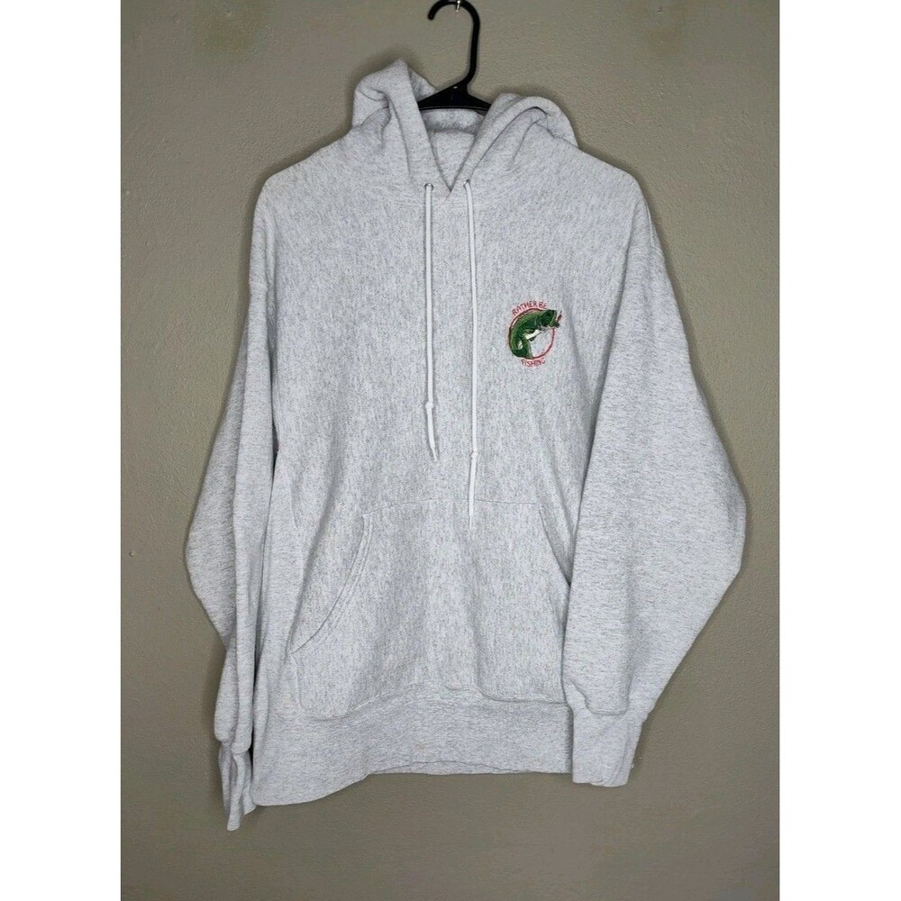 Vintage lee heavyweight pullover hoodie size large gray rather be fishing Fish